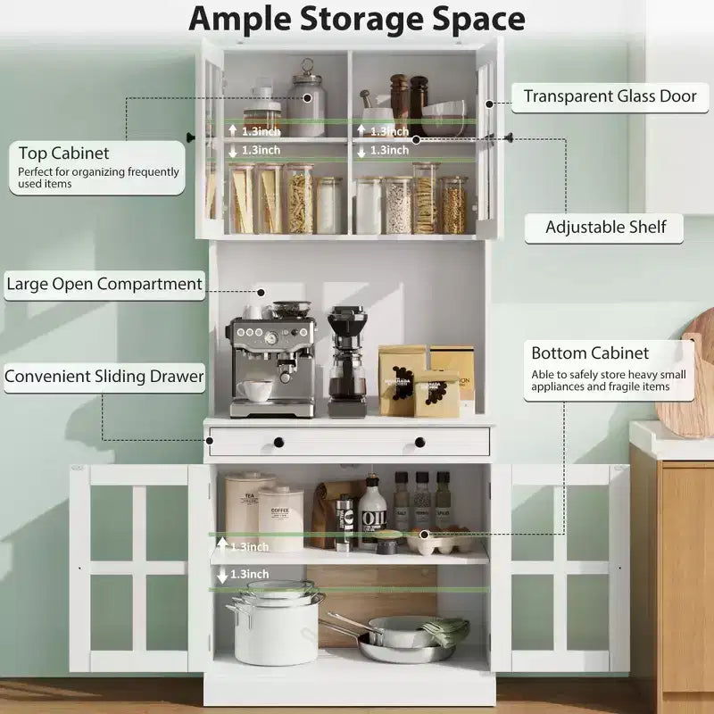 Meuble de cuisine de 72 po avec portes vitrées, tiroir et étagères réglables, Armoire de rangement haute de style rustique avec comptoir ouvert