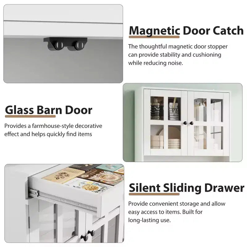 Meuble de cuisine de 72 po avec portes vitrées, tiroir et étagères réglables, Armoire de rangement haute de style rustique avec comptoir ouvert