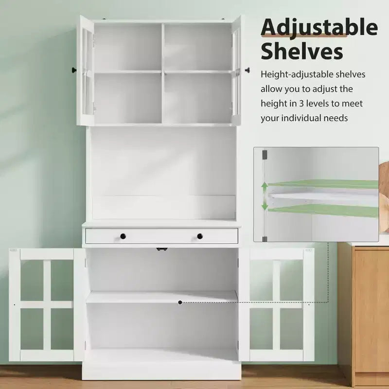 Meuble de cuisine de 72 po avec portes vitrées, tiroir et étagères réglables, Armoire de rangement haute de style rustique avec comptoir ouvert