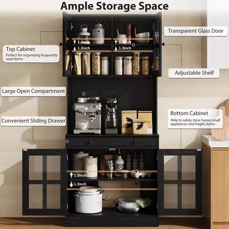 Meuble de cuisine de 72 po avec portes vitrées, tiroir et étagères réglables, Armoire de rangement haute de style rustique avec comptoir ouvert