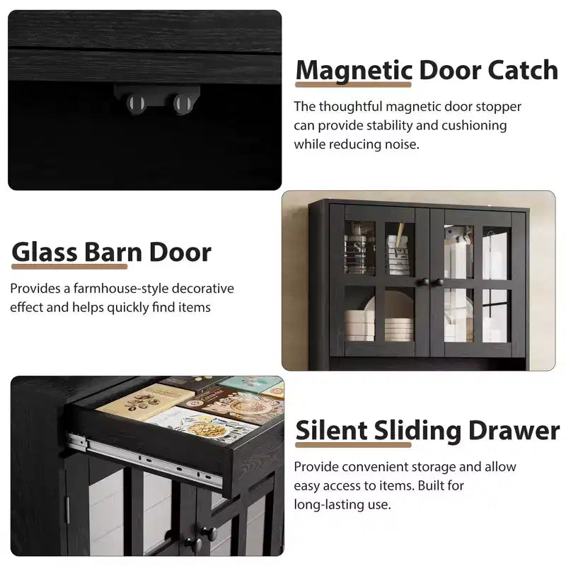 Meuble de cuisine de 72 po avec portes vitrées, tiroir et étagères réglables, Armoire de rangement haute de style rustique avec comptoir ouvert