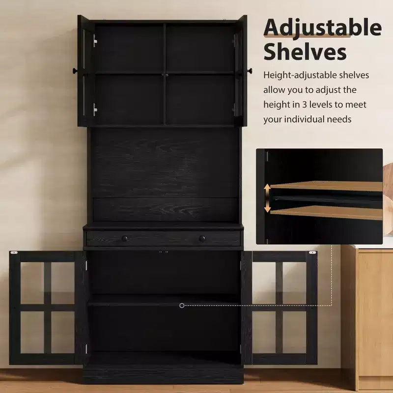 Meuble de cuisine de 72 po avec portes vitrées, tiroir et étagères réglables, Armoire de rangement haute de style rustique avec comptoir ouvert