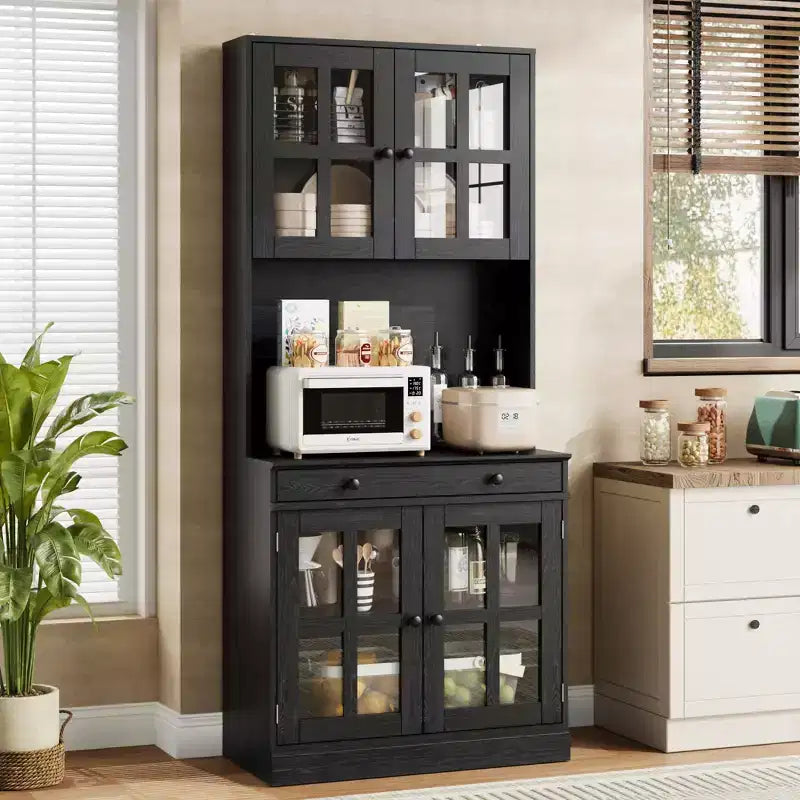 Meuble de cuisine de 72 po avec portes vitrées, tiroir et étagères réglables, Armoire de rangement haute de style rustique avec comptoir ouvert