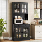 Meuble de cuisine de 72 po avec portes vitrées, tiroir et étagères réglables, Armoire de rangement haute de style rustique avec comptoir ouvert