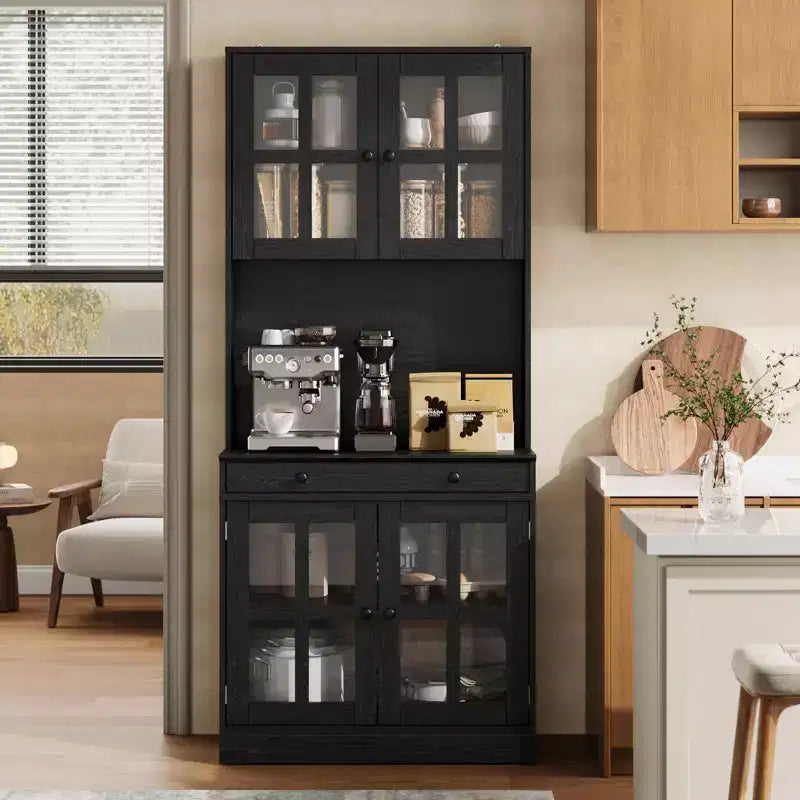 72 Kitchen Pantry Cabinet with Glass Doors, Drawer & Adjustable Shelves, Farmhouse Tall Storage Cabinet with Open Countertop