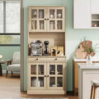 Meuble de cuisine de 72 po avec portes vitrées, tiroir et étagères réglables, Armoire de rangement haute de style rustique avec comptoir ouvert