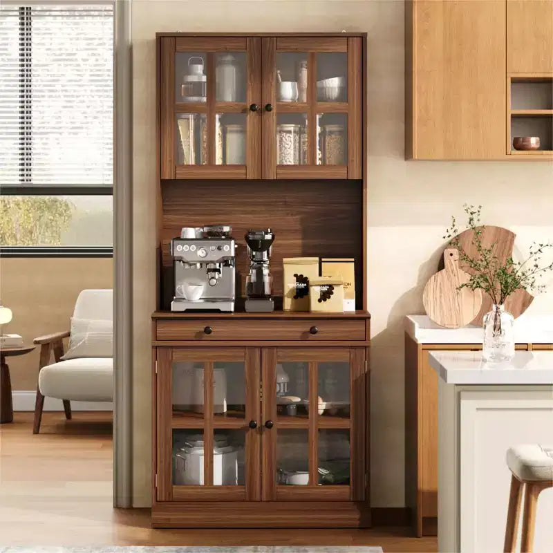 Meuble de cuisine de 72 po avec portes vitrées, tiroir et étagères réglables, Armoire de rangement haute de style rustique avec comptoir ouvert