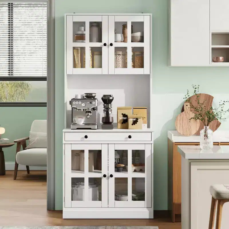 Meuble de cuisine de 72 po avec portes vitrées, tiroir et étagères réglables, Armoire de rangement haute de style rustique avec comptoir ouvert