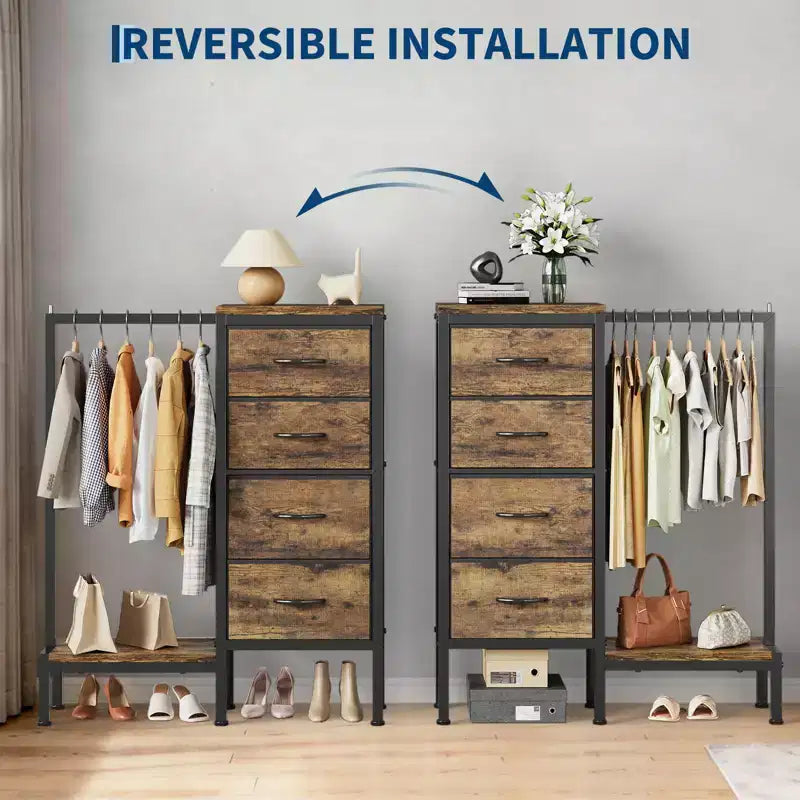 Commode avec tringle à vêtements, tiroirs de rangement pour chambre à coucher, commode en tissu réversible avec tringle à vêtements, pour bureau à domicile