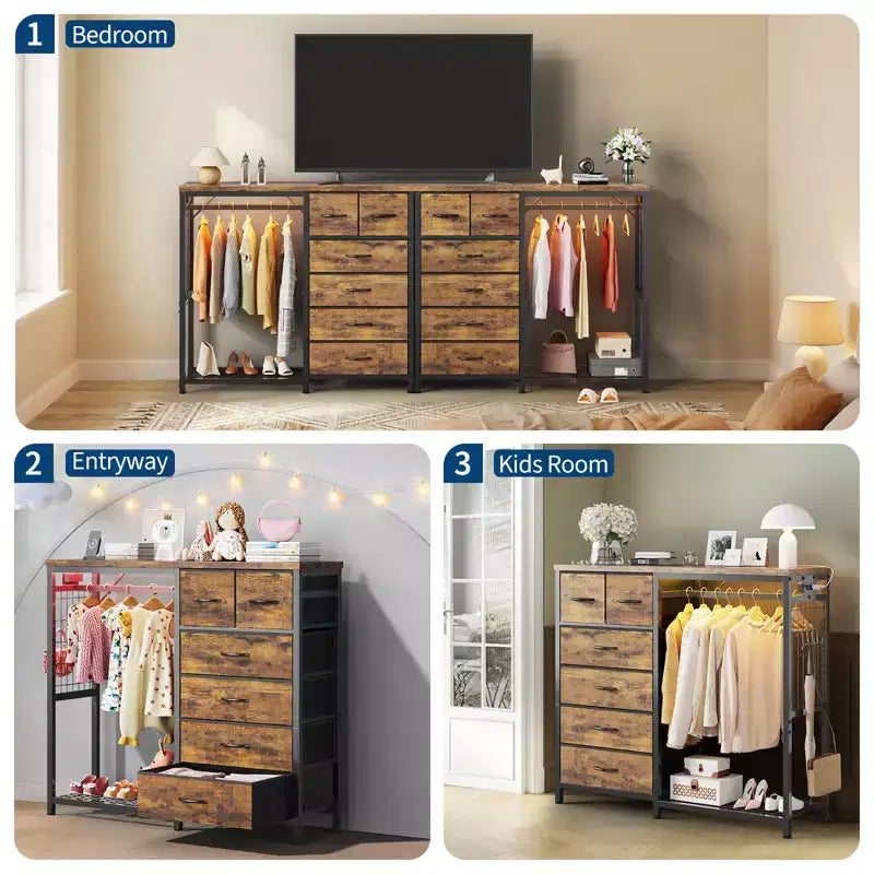 Commode avec tringle à vêtements, tiroirs de rangement pour chambre à coucher, commode en tissu réversible avec tringle à vêtements, pour bureau à domicile