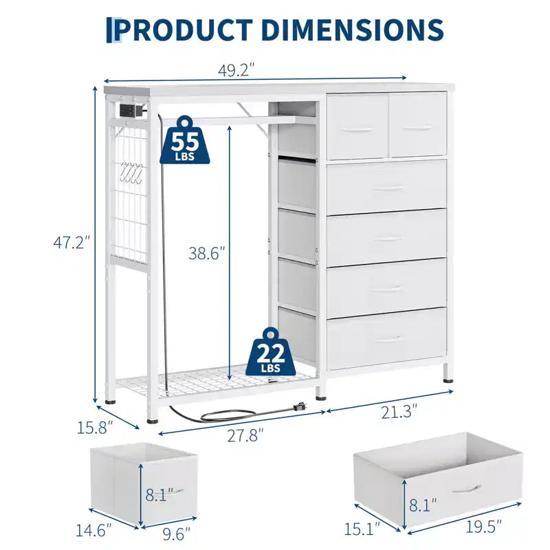 Commode avec tringle à vêtements, tiroirs de rangement pour chambre à coucher, commode en tissu réversible avec tringle à vêtements, pour bureau à domicile