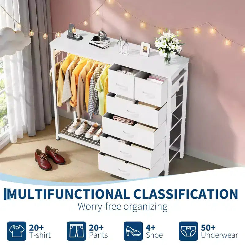 Commode avec tringle à vêtements, tiroirs de rangement pour chambre à coucher, commode en tissu réversible avec tringle à vêtements, pour bureau à domicile