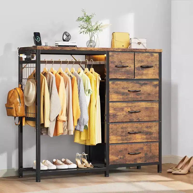 Commode avec tringle à vêtements, tiroirs de rangement pour chambre à coucher, commode en tissu réversible avec tringle à vêtements, pour bureau à domicile