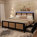 GustoWave Rattan Boho Platform Bed Frame with LED Headboard and 4 Large Drawers, Black, Queen