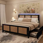 GustoWave Rattan Boho Platform Bed Frame with LED Headboard and 4 Large Drawers, Black, Queen