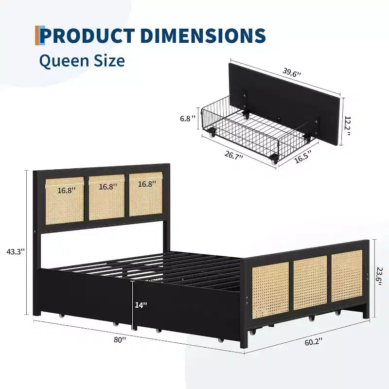 Lit plateforme bohème en rotin GUSTOWAVE avec tête de lit LED et 4 grands tiroirs, noir, Queen