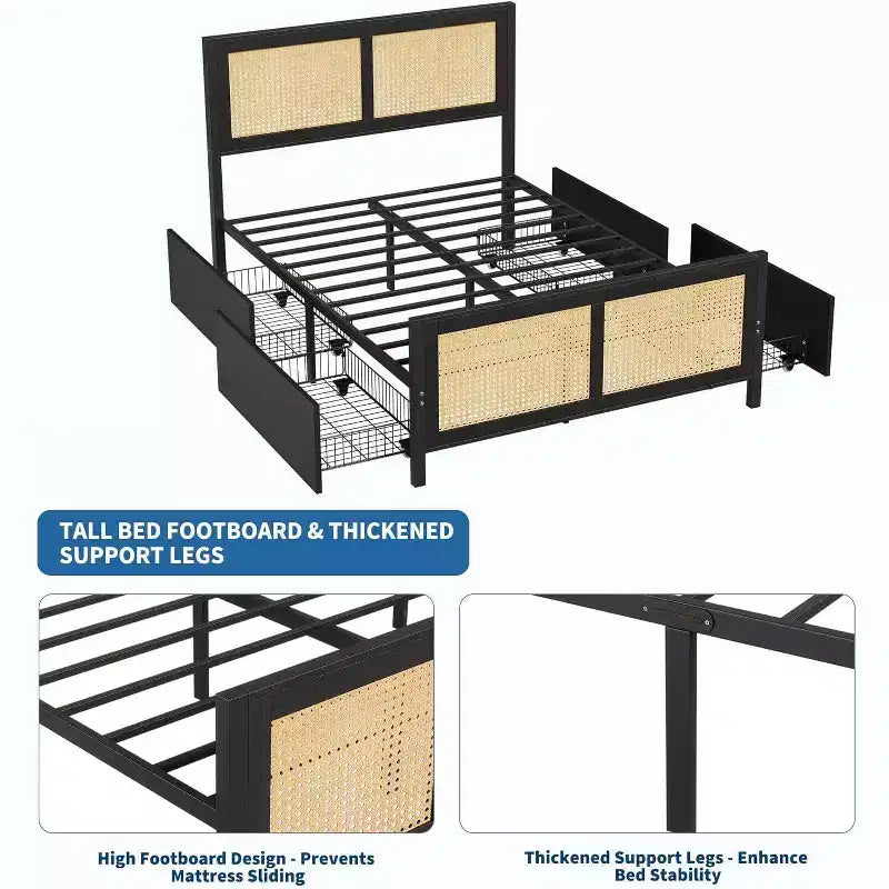 Lit plateforme bohème en rotin GUSTOWAVE avec tête de lit LED et 4 grands tiroirs, noir, Queen