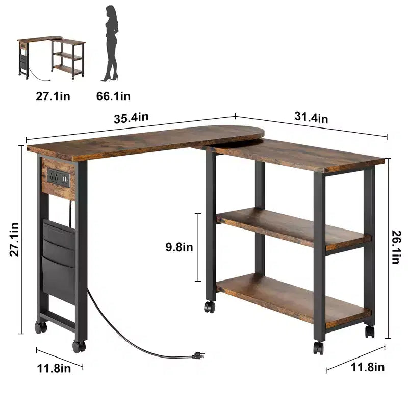 Table d'appoint rotative à 360° avec station de charge, table d'appoint mobile à 2 niveaux avec pochette de rangement et 6 roulettes pivotantes verrouillables pour salon et bureau