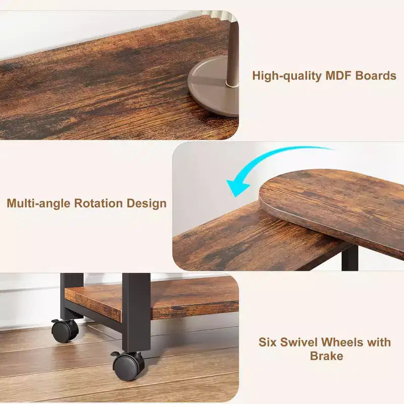 Table d'appoint rotative à 360° avec station de charge, table d'appoint mobile à 2 niveaux avec pochette de rangement et 6 roulettes pivotantes verrouillables pour salon et bureau