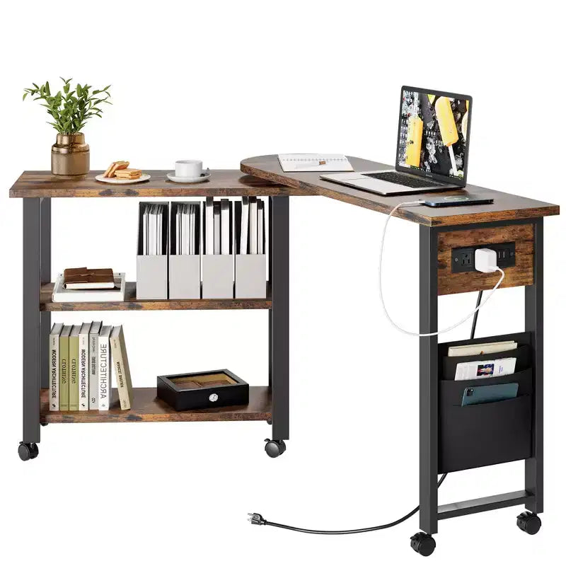 360 Rotating Side Table with Charging Station, 2-Tier Mobile End Table with Storage Pocket and 6 Lockable Swivel Wheels for Living Room & Office