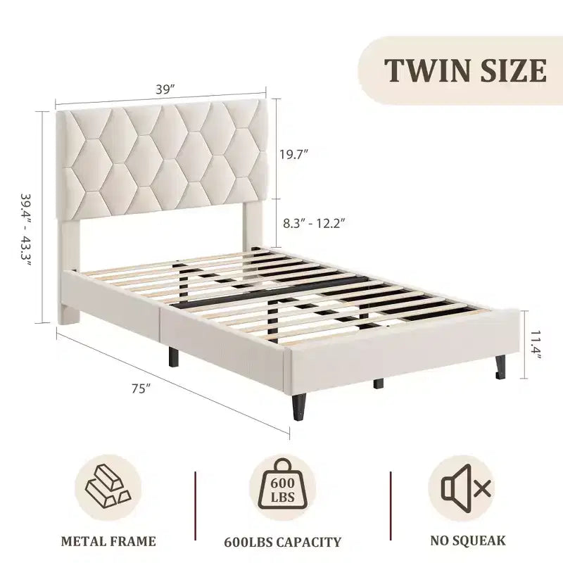Modern Upholstered Platform Bed Frame with Adjustable Headboard  Heavy Duty Wood Slats  Sturdy Support  Noise-Free  No Box Spring Needed(Beige)