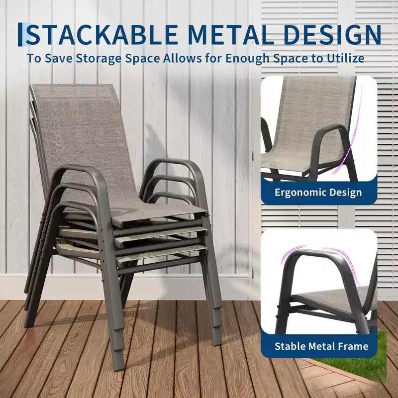 Set of 6 Stackable Patio Dining Chairs  All-Weather High Back with Armrests, Lightweight Textilene, 140kg Capacity  Ideal for Garden, Backyard