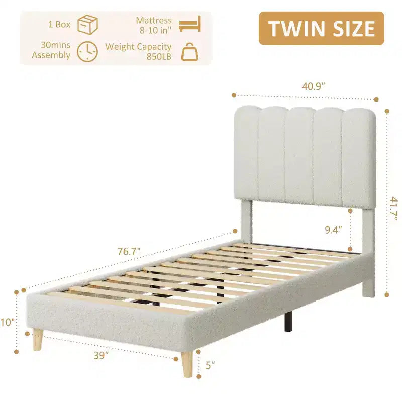 SunnyFurn Cadre de lit plateforme avec tête de lit capitonnée douce Design Princesse, lattes en bois robustes, sans bruit, sommier tapissier non requis, assemblage facile