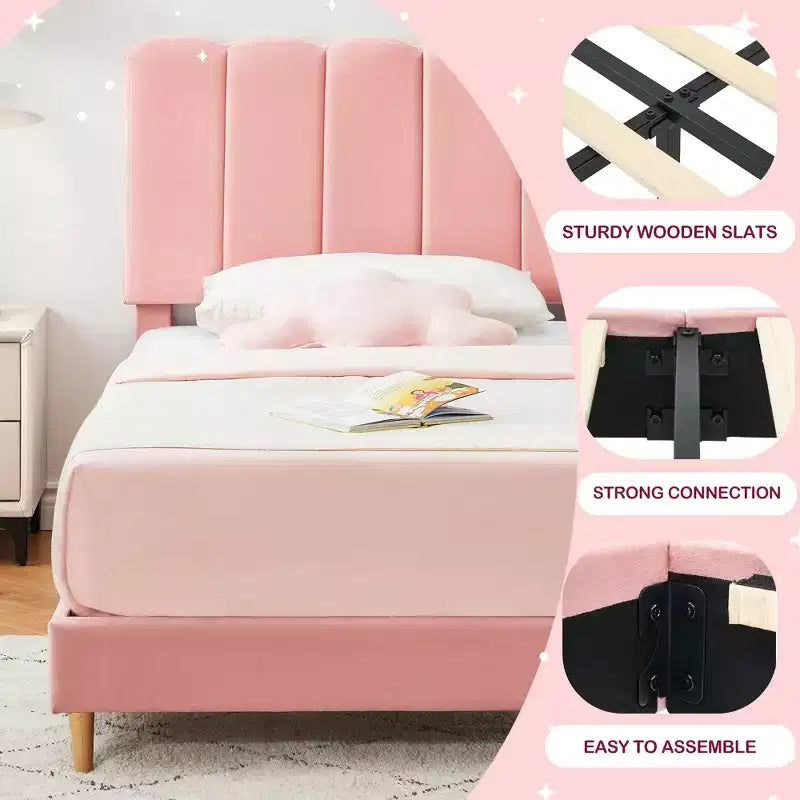 SunnyFurn Cadre de lit plateforme avec tête de lit capitonnée douce Design Princesse, lattes en bois robustes, sans bruit, sommier tapissier non requis, assemblage facile