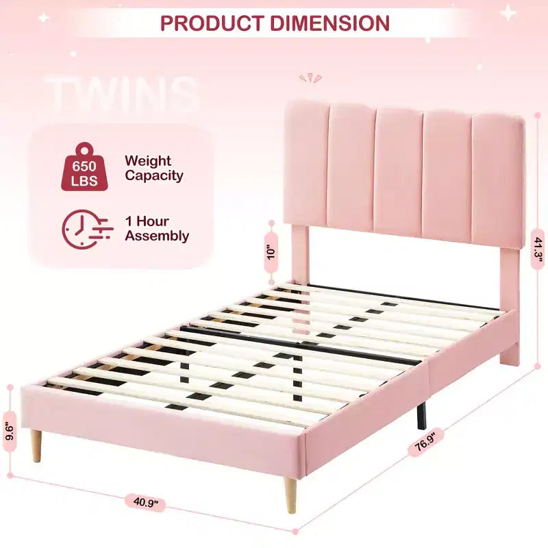 SunnyFurn Cadre de lit plateforme avec tête de lit capitonnée douce Design Princesse, lattes en bois robustes, sans bruit, sommier tapissier non requis, assemblage facile