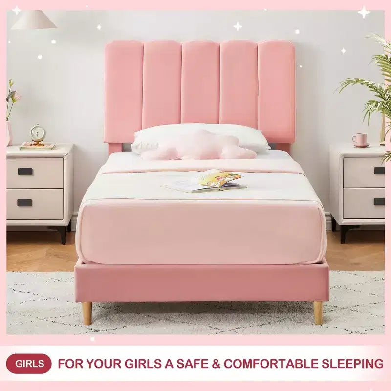 SunnyFurn Cadre de lit plateforme avec tête de lit capitonnée douce Design Princesse, lattes en bois robustes, sans bruit, sommier tapissier non requis, assemblage facile