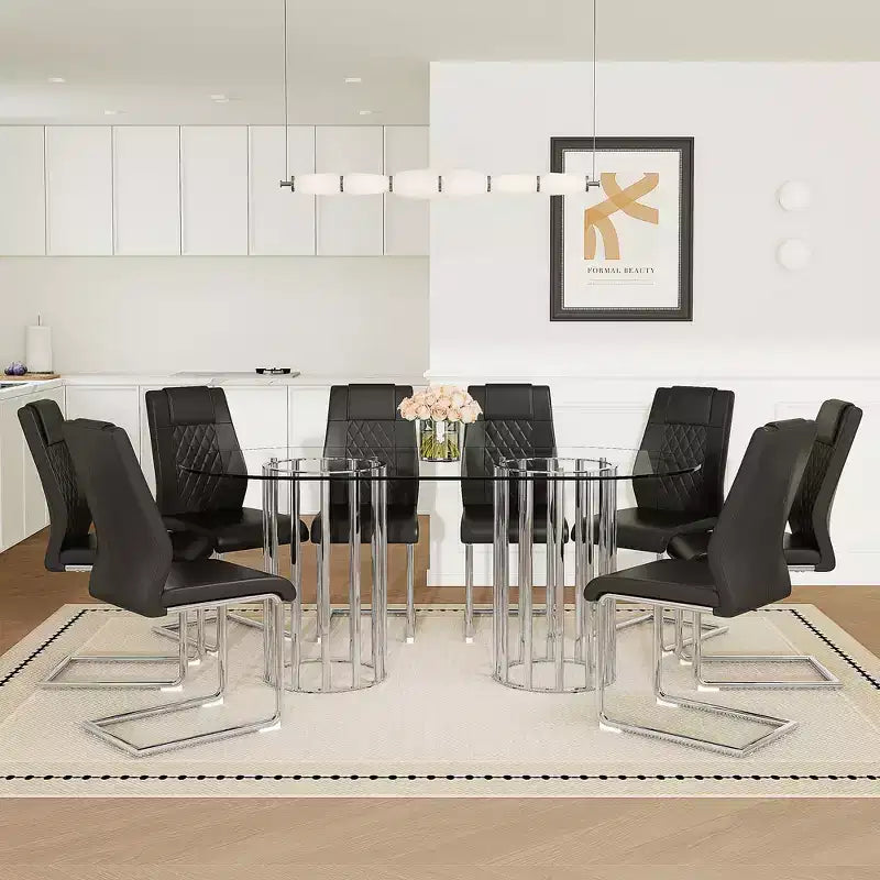 GDFStudio Arvion 8-Person Glass and Metal Dining Set with Faux Leather Upholstered Chairs
