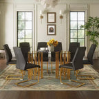 GDFStudio Arvion 8-Person Glass and Metal Dining Set with Faux Leather Upholstered Chairs