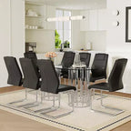 GDFStudio Arvion 8-Person Glass and Metal Dining Set with Faux Leather Upholstered Chairs