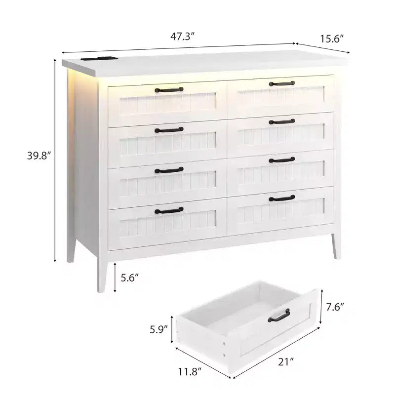 8 Drawer Modern White Dresser with Built-in Power Outlet & LED Light, Spacious Chest of Drawers for Bedroom & Living Room