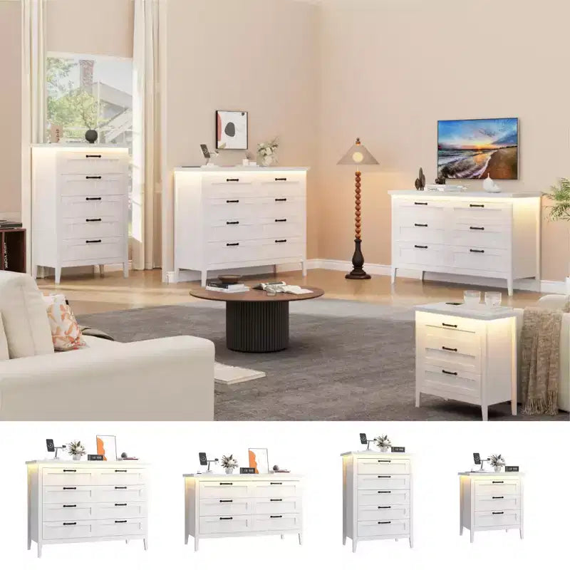 8 Drawer Modern White Dresser with Built-in Power Outlet & LED Light, Spacious Chest of Drawers for Bedroom & Living Room