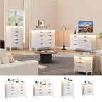 8 Drawer Modern White Dresser with Built-in Power Outlet & LED Light, Spacious Chest of Drawers for Bedroom & Living Room