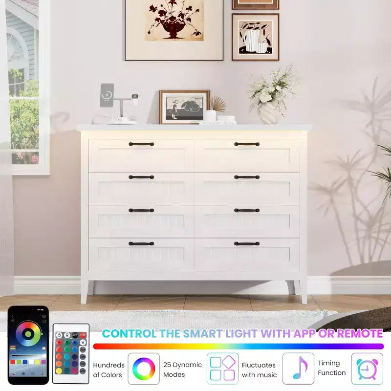 8 Drawer Modern White Dresser with Built-in Power Outlet & LED Light, Spacious Chest of Drawers for Bedroom & Living Room