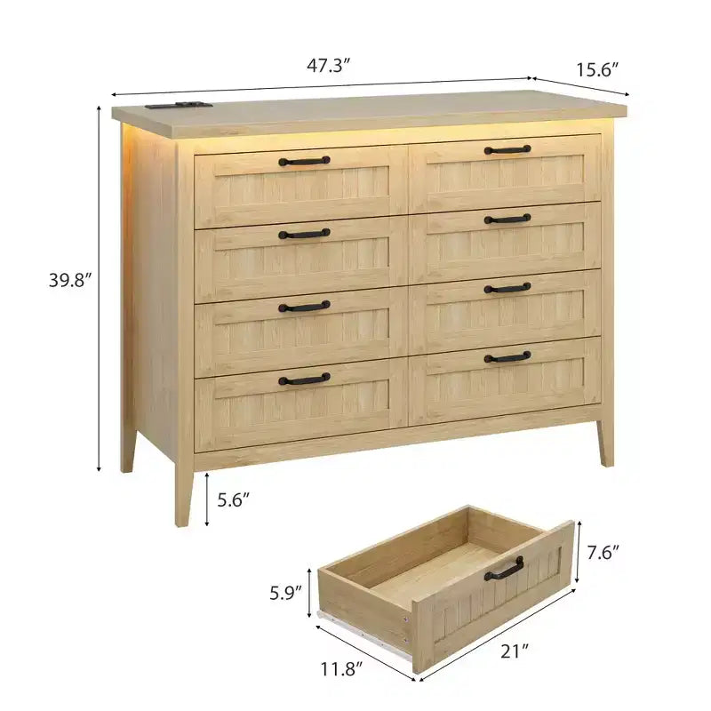 8 Drawer Modern White Dresser with Built-in Power Outlet & LED Light, Spacious Chest of Drawers for Bedroom & Living Room