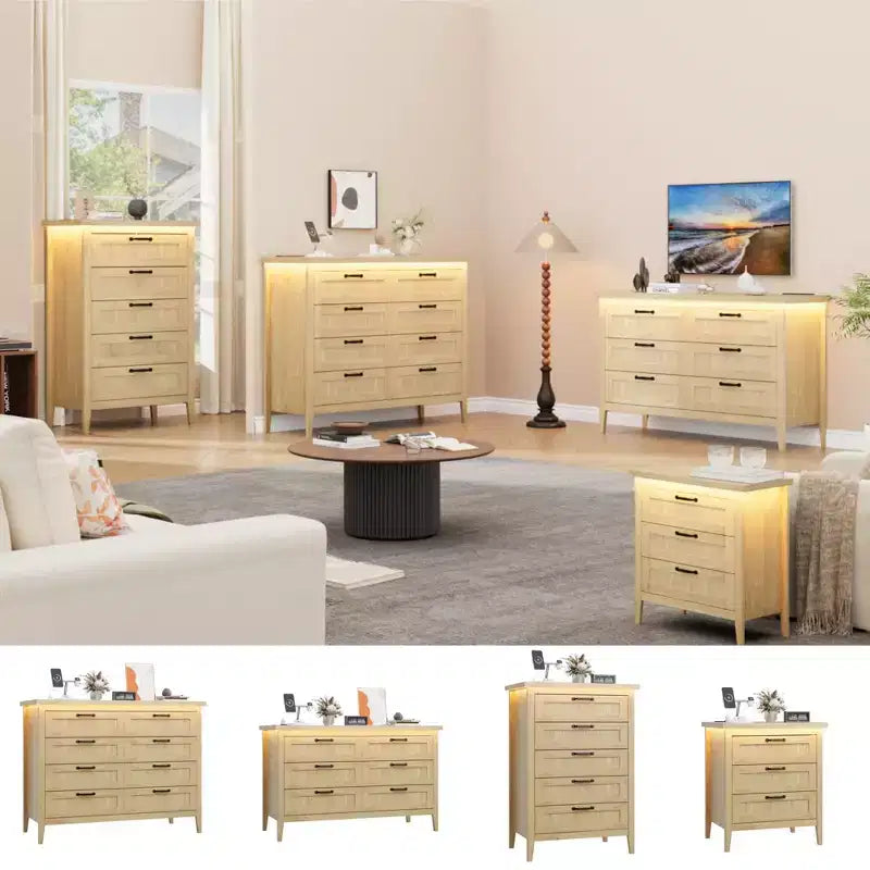 8 Drawer Modern White Dresser with Built-in Power Outlet & LED Light, Spacious Chest of Drawers for Bedroom & Living Room