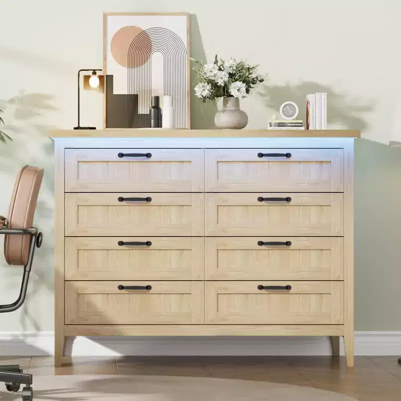 8 Drawer Modern White Dresser with Built-in Power Outlet & LED Light, Spacious Chest of Drawers for Bedroom & Living Room