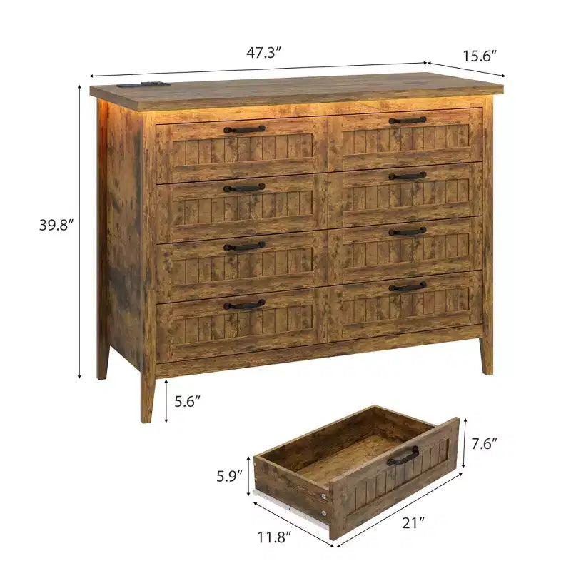 8 Drawer Modern White Dresser with Built-in Power Outlet & LED Light, Spacious Chest of Drawers for Bedroom & Living Room