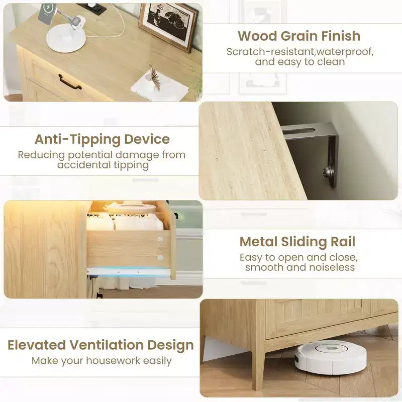 8 Drawer Modern White Dresser with Built-in Power Outlet & LED Light, Spacious Chest of Drawers for Bedroom & Living Room
