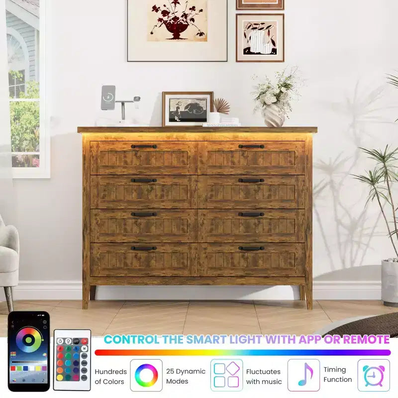 8 Drawer Modern White Dresser with Built-in Power Outlet & LED Light, Spacious Chest of Drawers for Bedroom & Living Room