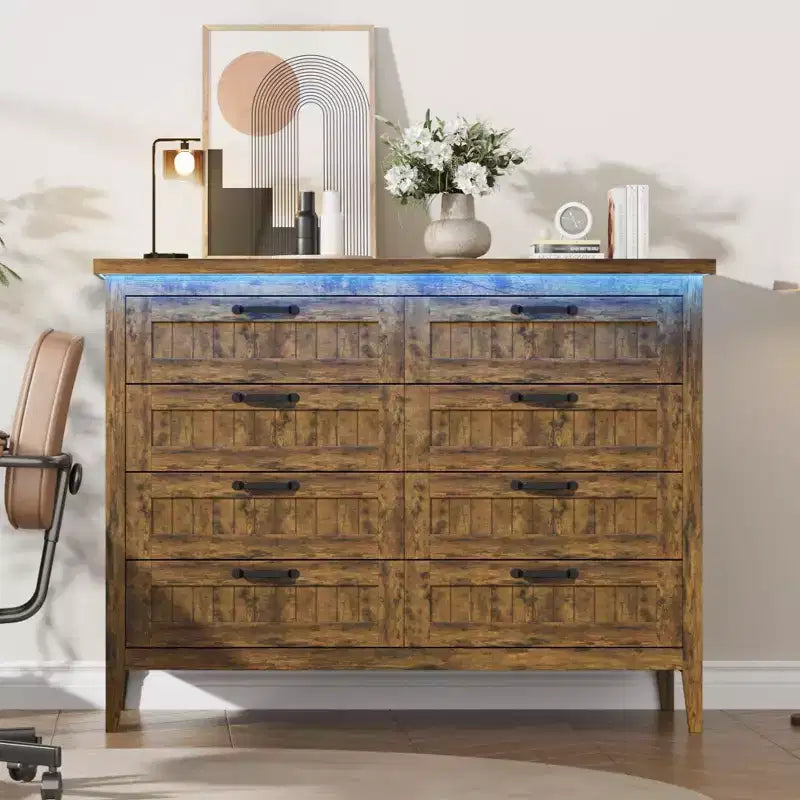 8 Drawer Modern White Dresser with Built-in Power Outlet & LED Light, Spacious Chest of Drawers for Bedroom & Living Room