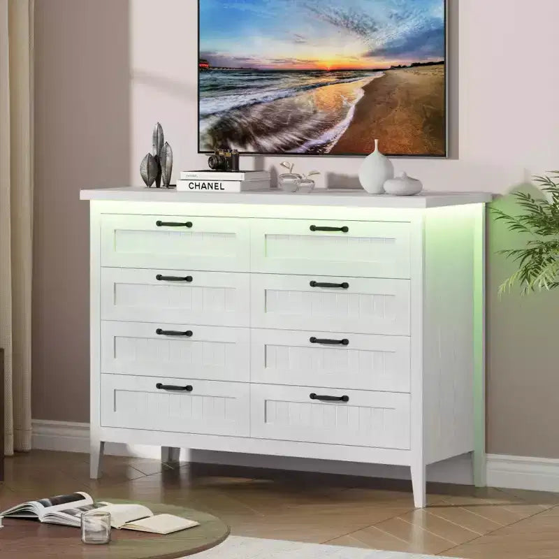 8 Drawer Modern White Dresser with Built-in Power Outlet & LED Light, Spacious Chest of Drawers for Bedroom & Living Room