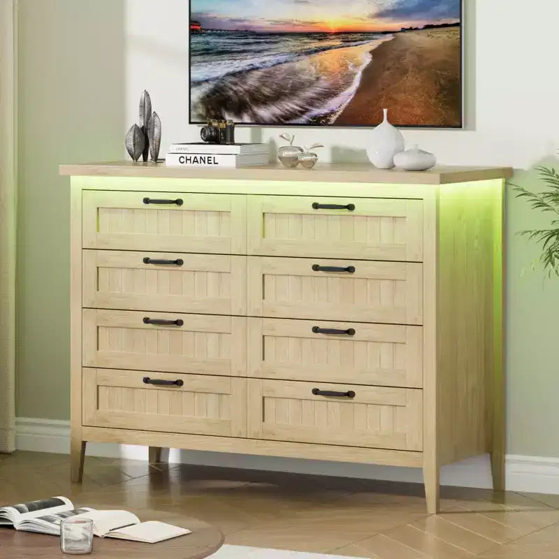 8 Drawer Modern White Dresser with Built-in Power Outlet & LED Light, Spacious Chest of Drawers for Bedroom & Living Room