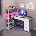 47 L-Shaped Computer Desk with 6 Drawers & 5-Tier Shelves, Reversible Corner Gaming Desk with LED Lights & Power Outlets