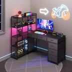 47 L-Shaped Computer Desk with 6 Drawers & 5-Tier Shelves, Reversible Corner Gaming Desk with LED Lights & Power Outlets