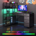 47 L-Shaped Computer Desk with 6 Drawers & 5-Tier Shelves, Reversible Corner Gaming Desk with LED Lights & Power Outlets