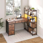 47 L-Shaped Computer Desk with 6 Drawers & 5-Tier Shelves, Reversible Corner Gaming Desk with LED Lights & Power Outlets